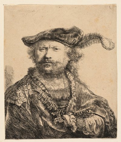 Önarckép bársony sapkában, tollakkal alkotó: Rembrandt van Rijn