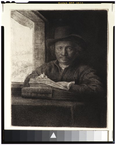 Önarckép, Rézkarc az ablakon, 1648 (rézkarc és metszet fektetett papírra) alkotó: Rembrandt van Rijn