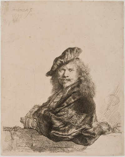Önarckép ablakpárkányon támaszkodva, 1639 (metszet és száraztű) alkotó: Rembrandt van Rijn