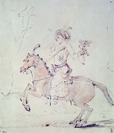 Shah Jehan sólyommal lóháton (toll és tinta és wc papírra) alkotó: Rembrandt van Rijn