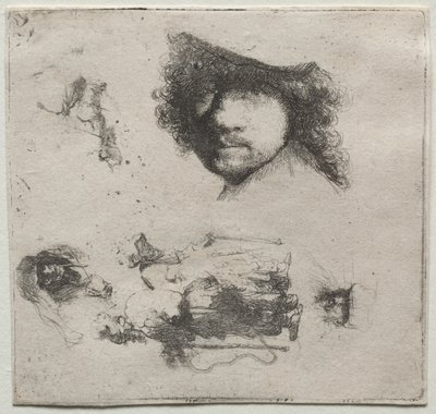 Tanulmányi lap: Önarckép, kolduspár stb. alkotó: Rembrandt van Rijn