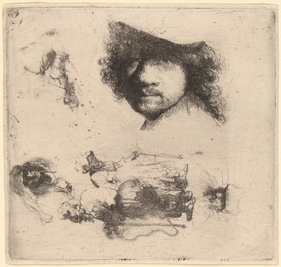 Tanulmányi lap, amely tartalmazza a művész fejét, egy kolduspárt, egy öregember és egy öregasszony fejét alkotó: Rembrandt van Rijn
