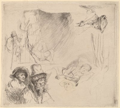 Tanulmányi lap, amely egy betegen fekvő nőt tartalmaz az ágyban alkotó: Rembrandt van Rijn