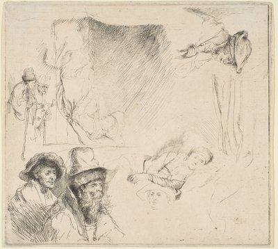 Tanulmányi lap egy betegen fekvő nővel, stb., kb. 164142. alkotó: Rembrandt van Rijn
