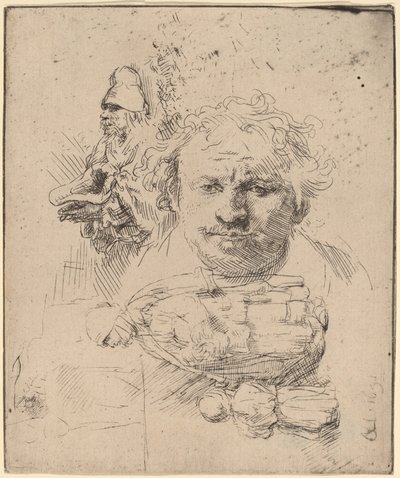 Tanulmányi lap a művész vezetőjével, egy koldus férfival, valamint nővel és gyermekkel alkotó: Rembrandt van Rijn