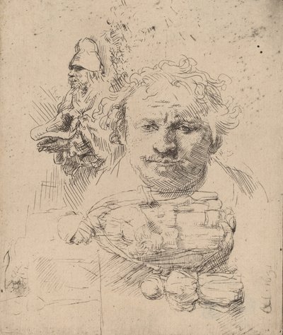 Tanulmányi lap a művész fejével, egy koldus férfival és nővel és gyermekkel, 1651. alkotó: Rembrandt van Rijn