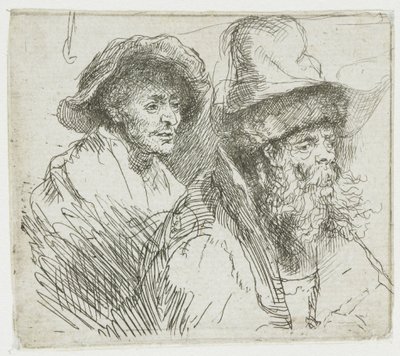 Tanulmánylap, amelyen egy beteg nő fekszik az ágyban: két férfi alak mellszobra alkotó: Rembrandt van Rijn