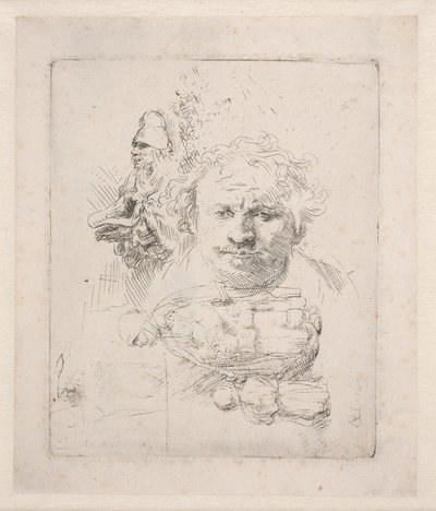 Vázlatlap Rembrandt fejével, egy koldussal, egy nővel és egy gyermekkel alkotó: Rembrandt van Rijn