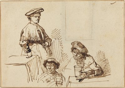 Vázlatok egy kocsmából: álló nő és két férfi ül alkotó: Rembrandt van Rijn