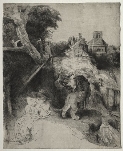 Szent Jeromos olasz tájon olvas alkotó: Rembrandt van Rijn