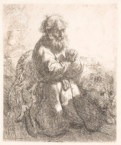 Szent Jeromos imában térdelve lenéz alkotó: Rembrandt van Rijn