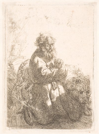 Szent Jeromos imában térdelve lenéz alkotó: Rembrandt van Rijn