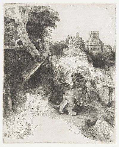 Olvasó Szent Jeromos egy olasz tájképben alkotó: Rembrandt van Rijn