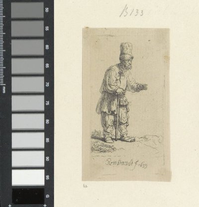 Álló farmer magas fejfedővel, botra támaszkodva Recueil de quatre-vingt-cinq estampes originales (sorozat címe) alkotó: Rembrandt van Rijn