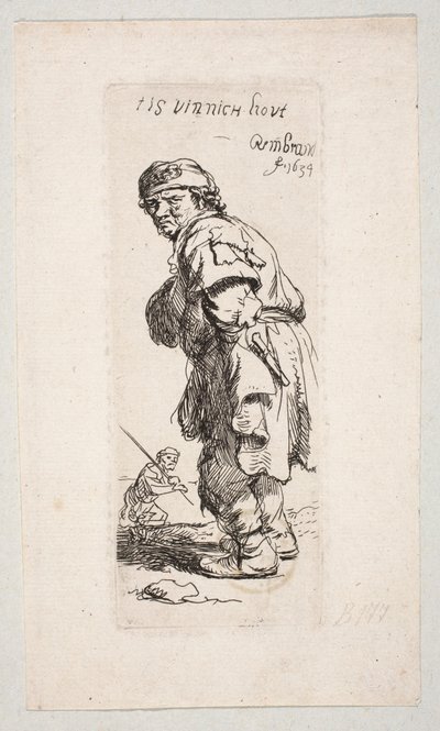 Balra forduló, álló paraszt és egy bottal rendelkező alak a háttérben „Tis vinnich Kout” alkotó: Rembrandt van Rijn