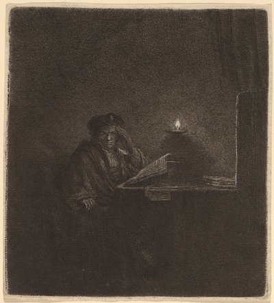 Diák egy asztalnál gyertyafénynél alkotó: Rembrandt van Rijn