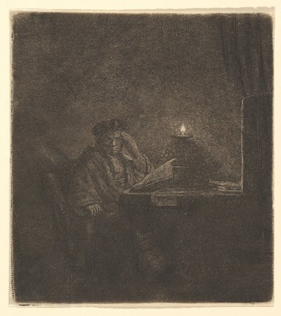 Diák egy asztalnál gyertyafénynél, kb. 1642. alkotó: Rembrandt van Rijn