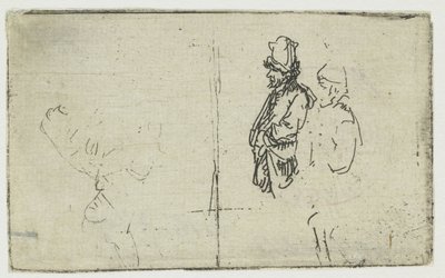 Vázlatlap két rajzzal, az egyik két parasztot ábrázol alkotó: Rembrandt van Rijn