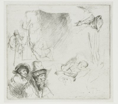 Tanulmánylap, amelyen egy beteg nő fekszik az ágyban alkotó: Rembrandt van Rijn