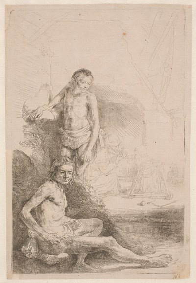 Aktrajzok: egy ülő és egy álló férfi; a háttérben halványan megrajzolt nő és csecsemő alkotó: Rembrandt van Rijn