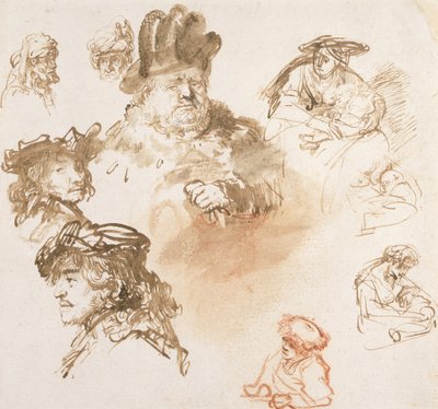 Tanulmányok öregemberfejekről és három nő gyermekekkel, 1635-36 körül (tus és mosás, papír) alkotó: Rembrandt van Rijn