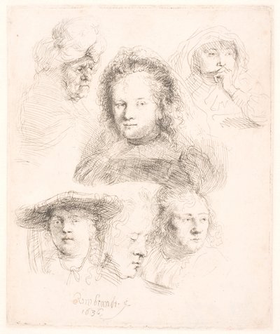 A Saskia vezetőjének és másoknak a tanulmányai alkotó: Rembrandt van Rijn