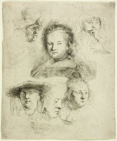 A Saskia és mások vezetőjének tanulmányai alkotó: Rembrandt van Rijn