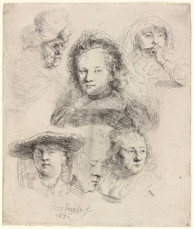 Saskia fejének és másoknak a tanulmányai alkotó: Rembrandt van Rijn