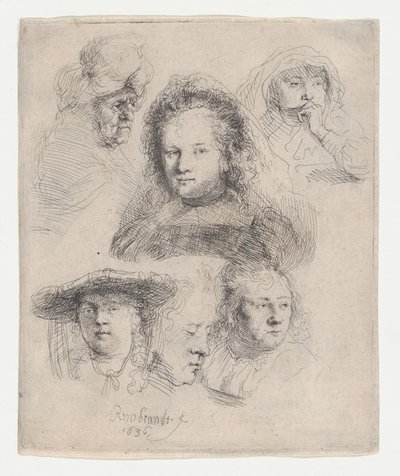 Tanulmányok Saskia és mások fejeiről, 1636., 1636. alkotó: Rembrandt van Rijn