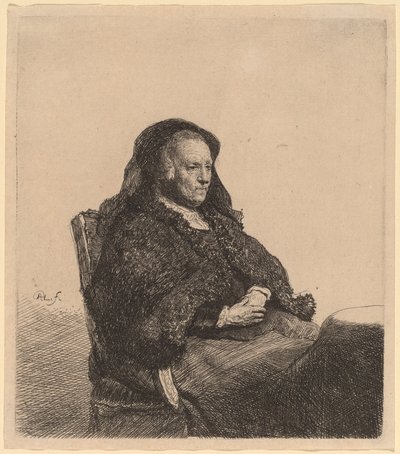 A művész anyja egy asztalnál ül, és jól néz alkotó: Rembrandt van Rijn