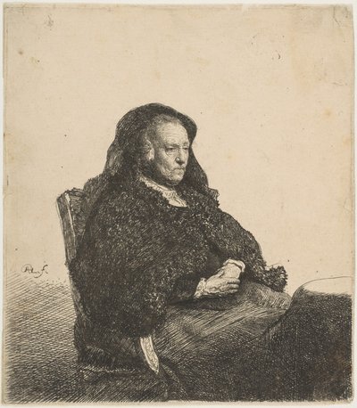 A művészek anyja egy asztalnál ülve jobbra nézve: háromnegyed hosszúság, kb. 1631. alkotó: Rembrandt van Rijn