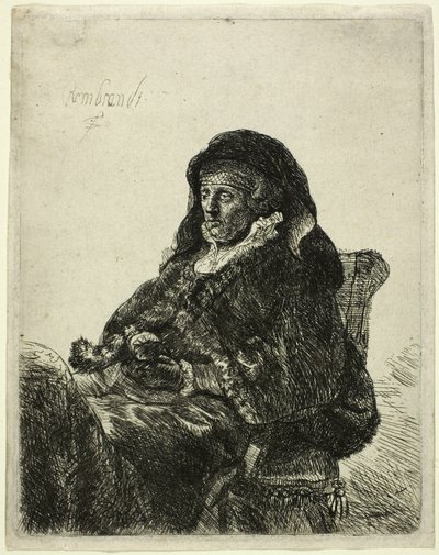 A művész anyja egy asztalnál ülve, jobbra tekintve: Háromnegyedes hossz alkotó: Rembrandt van Rijn