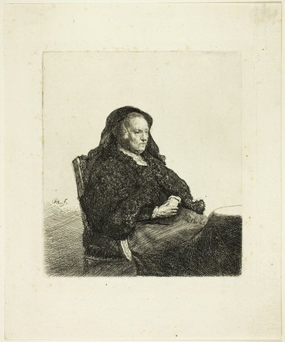 A művész anyja egy asztalnál ülve, jobbra tekintve: Háromnegyedes hossz alkotó: Rembrandt van Rijn