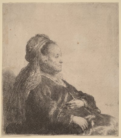 A művész édesanyja ülő helyzetben, keleti fejdíszben alkotó: Rembrandt van Rijn