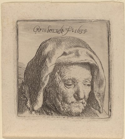 A művész anyja szövet fejdíszben, lenéz alkotó: Rembrandt van Rijn