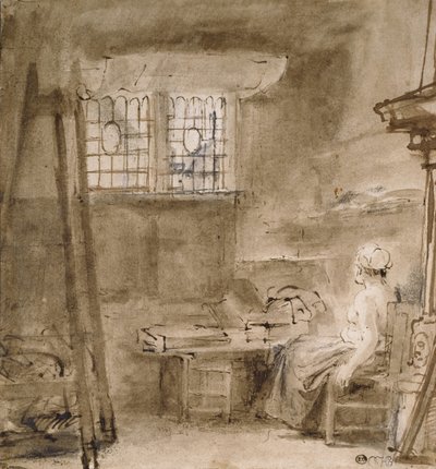 A Művész Stúdiója, 1659 (toll és két árnyalatú barna tinta, szürkésbarna mosás, néhány fehér javítás) alkotó: Rembrandt van Rijn
