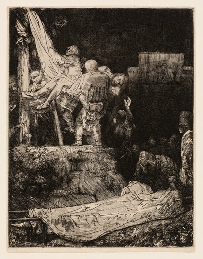A keresztről való leszállás fáklyafénynél alkotó: Rembrandt van Rijn