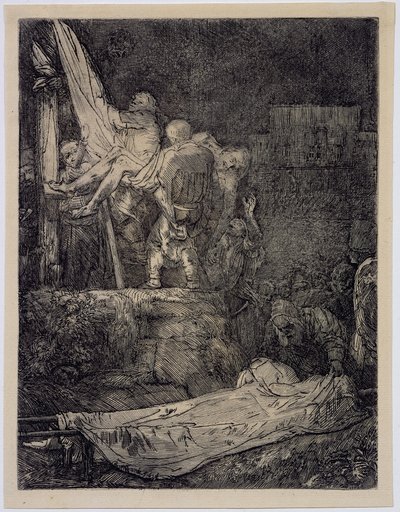A keresztről való leszállás fáklyafénynél alkotó: Rembrandt van Rijn