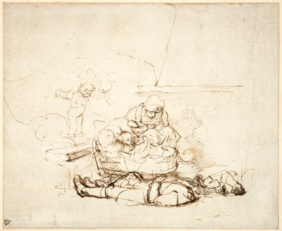 Alvó Szent Család, angyalokkal, 1645 (toll és tinta, gouache papíron) alkotó: Rembrandt van Rijn