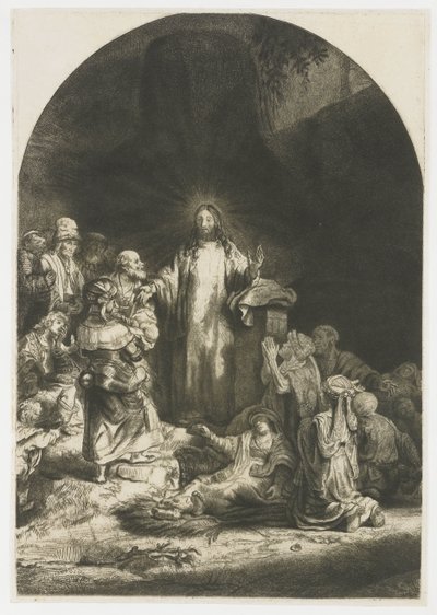 A száz guldenes nyomat: a központi darab Krisztus prédikálásával, a lemez íves alkotó: Rembrandt van Rijn