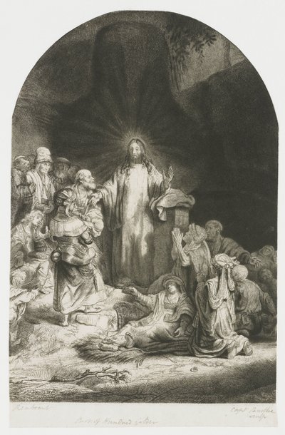 A „Száz guldenes metszet”: a középső rész, amelyen Krisztus prédikál, a lemez íves alkotó: Rembrandt van Rijn