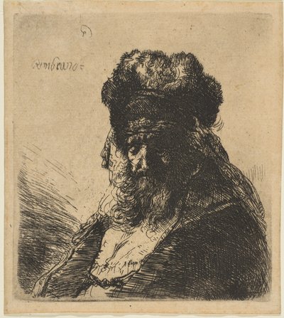 Az öreg szakállas férfi magas szőrsapkában, csukott szemmel, kb. 1635. alkotó: Rembrandt van Rijn