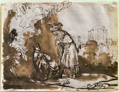 Dávid és Jonatán elválása (toll és mosás papíron) alkotó: Rembrandt van Rijn