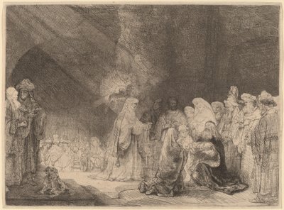 A bemutató a templomban: Hosszúkás nyomtatás alkotó: Rembrandt van Rijn