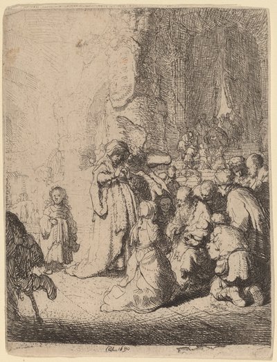 A bemutató a templomban az angyallal: Kistányér alkotó: Rembrandt van Rijn