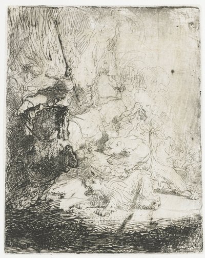 A kis oroszlán vadászat, két oroszlánnal alkotó: Rembrandt van Rijn
