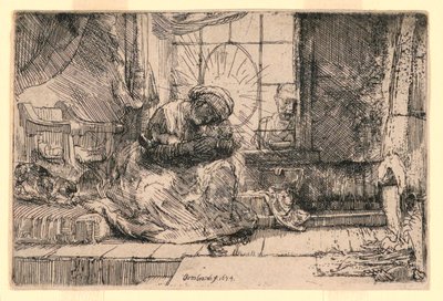Szűz és gyermek a macskával és Józseffel az ablakban alkotó: Rembrandt van Rijn