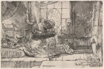 A Szűz és a Gyermek a macskával és a kígyóval, 1654. alkotó: Rembrandt van Rijn