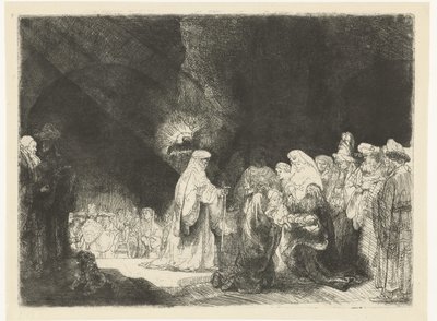 A bemutató a templomban: hosszúkás nyomtatás alkotó: Rembrandt van Rijn
