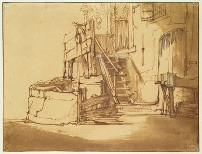 A parasztház előtti kút (toll és barna tinta és barna mosás papíron) alkotó: Rembrandt van Rijn